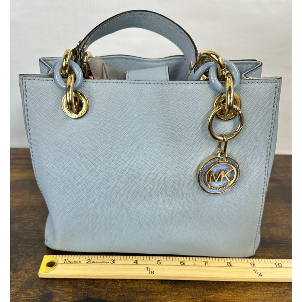 Michael Kors Cynthia Satchel Pale Blue Saffiano Leather Chain Handle Handbag - Picture 13 of 16